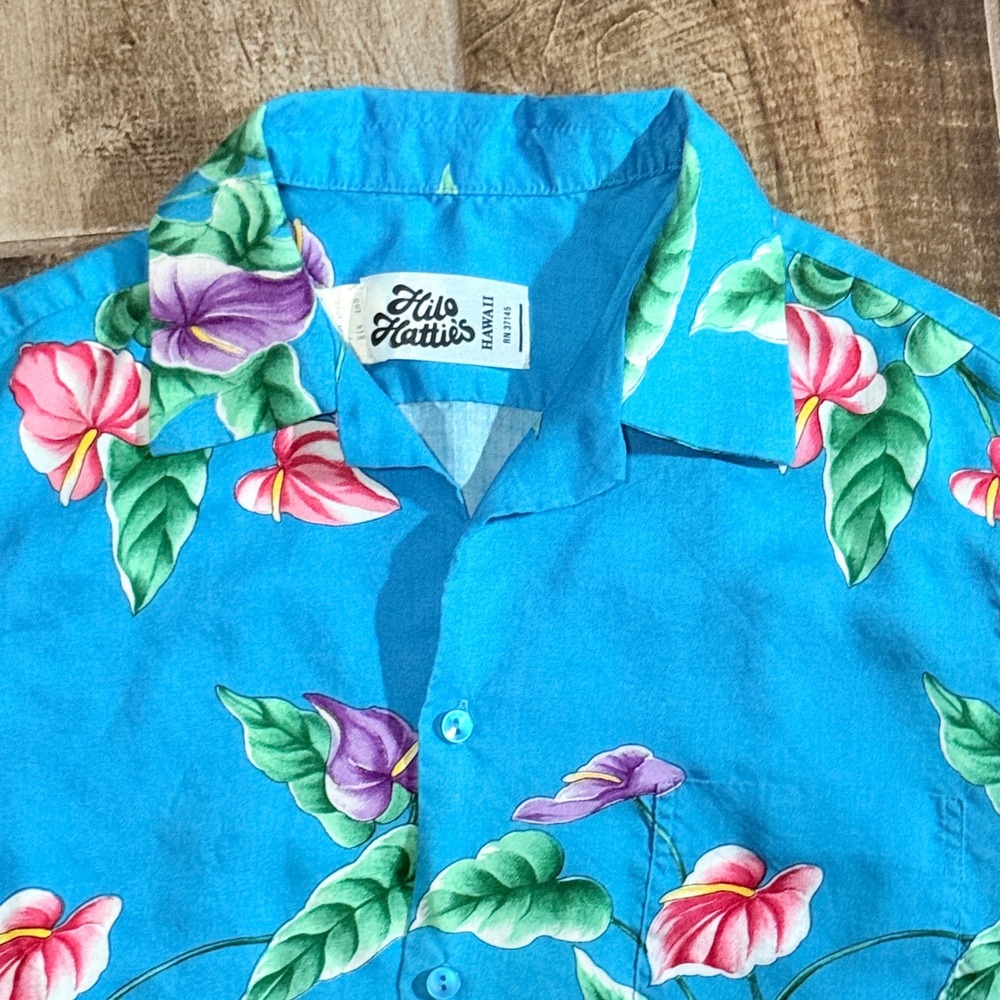 Hilo Hattie Mens VTG 80 Tropical Floral Rayon Hawaiian Aloha Shirt,Blue Pink,L - Picture 3 of 11